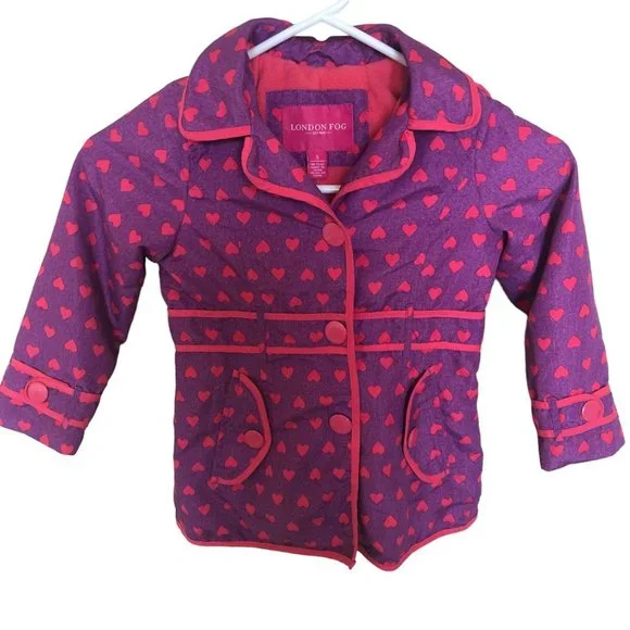 London Fog Hooded Fleece Lined Girls Coat Full Zip Purple with Pink Hearts Sze 5 - Picture 2 of 14